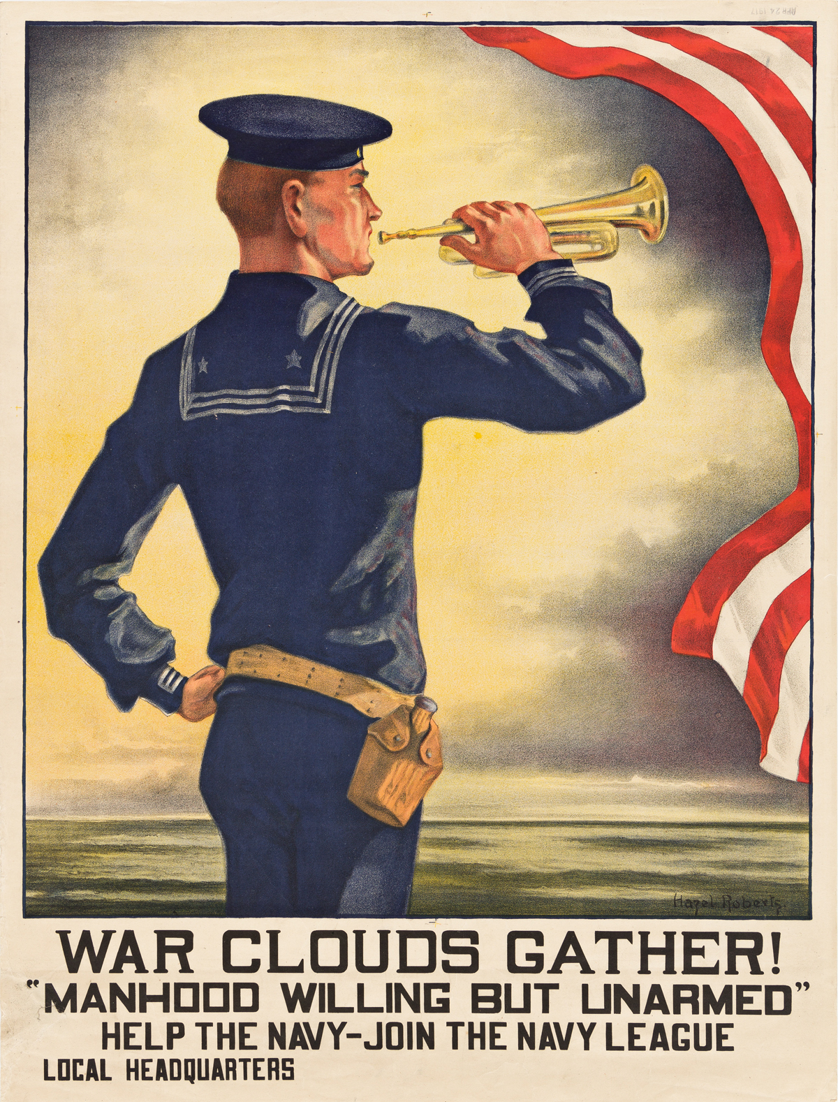 HAZEL ROBERTS (1883-1966).  WAR CLOUDS GATHER! / MANHOOD WILLING BUT UNARMED. 1916. 25x19 inches, 63½x48¼ cm.